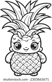 coloring book for kids, cute little pineapple character, 100% editable colorable