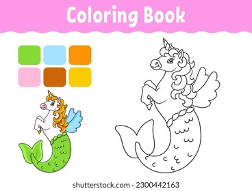 Coloring book for kids. Cute mermaid unicorn. Cheerful character. Vector illustration. Cute cartoon style. Fantasy page for children. Black contour. Isolated on white background.