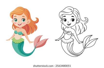 Coloring book for kids cute mermaid sea princess isolated on a white background. A hand-drawn vector illustration.