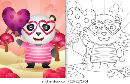 coloring book for kids with a cute panda holding balloon themed valentine day