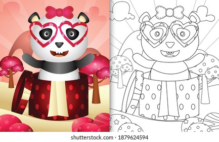 coloring book for kids with a cute panda in the gift box themed valentine day