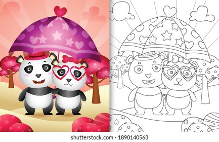 coloring book for kids with a cute panda couple holding umbrella themed valentine day