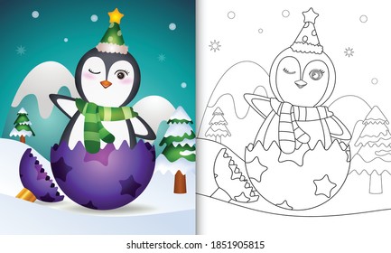 coloring book for kids with a cute penguin using santa hat and scarf in christmas ball