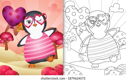 coloring book for kids with a cute penguin holding balloon themed valentine day