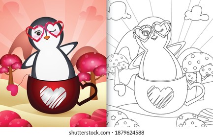 coloring book for kids with a cute penguin in the cup themed valentine day