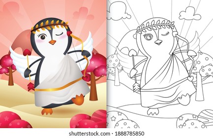coloring book for kids with a cute penguin angel using cupid costume themed valentine day