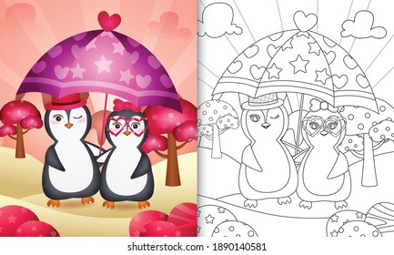 coloring book for kids with a cute penguin couple holding umbrella themed valentine day