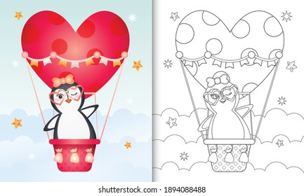 libro de colorear para niños con una linda pingüina en globo aerostático amor por el día de San Valentín temático