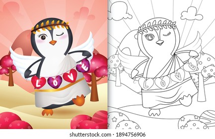 libro de colorear para niños con un ángel de pingüino lindo usando traje cupido con bandera de forma de corazón