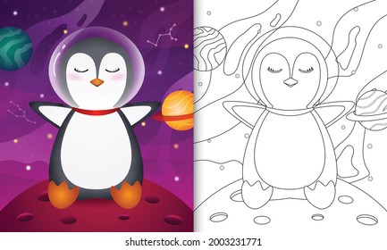 coloring book for kids with a cute penguin in the space galaxy