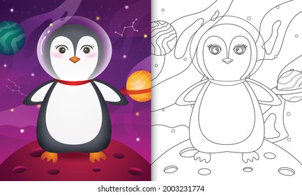 coloring book for kids with a cute penguin in the space galaxy