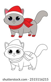 Coloring book for kids, Cute Persian cat with Santa hat illustration