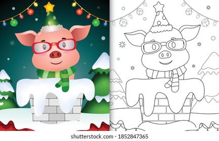 coloring book for kids with a cute pig using santa hat and scarf in chimney