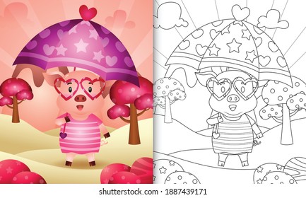 coloring book for kids with a cute pig holding umbrella themed valentine day