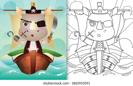 coloring book for kids with a cute pirate rhino character illustration on the ship