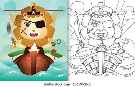 coloring book for kids with a cute pirate lion character illustration on the ship