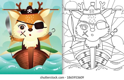 coloring book for kids with a cute pirate deer character illustration on the ship