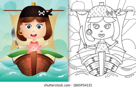 coloring book for kids with a cute pirate girl character illustration on the ship