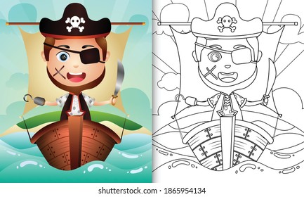 coloring book for kids with a cute pirate boy character illustration on the ship