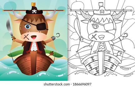 coloring book for kids with a cute pirate buffalo character illustration on the ship