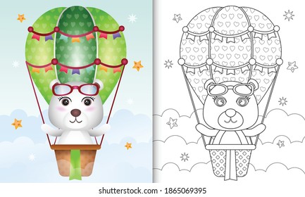 coloring book for kids with a cute polar bear on hot air balloon