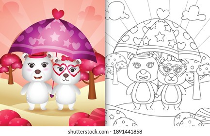 coloring book for kids with a cute polar bear couple holding umbrella themed valentine day