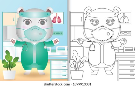 coloring book for kids with a cute polar bear character illustration using medical team costume