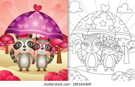 coloring book for kids with a cute raccoon couple holding umbrella themed valentine day