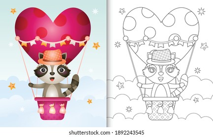 coloring book for kids with a cute raccoon male on hot air balloon love themed valentine day