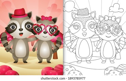 coloring book for kids with a cute raccoon couple themed valentine day