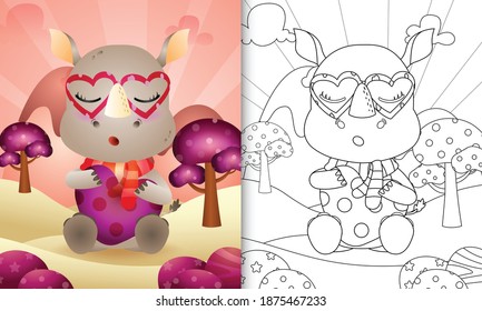coloring book for kids with a cute rhino hugging heart themed valentine day