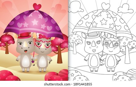 coloring book for kids with a cute rhino couple holding umbrella themed valentine day