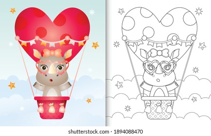 coloring book for kids with a cute rhino female on hot air balloon love themed valentine day