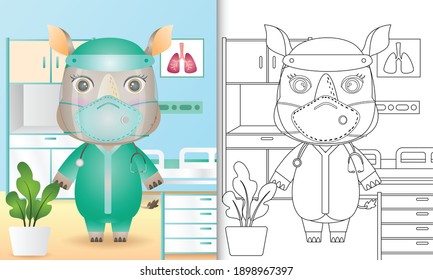 coloring book for kids with a cute rhino character illustration using medical team costume