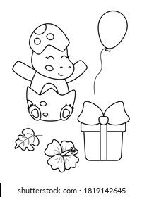 Coloring book for kids. Cute a small Tyrannosaurus baby with gift, balloon and flower. Happy birthday illustration.