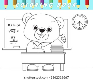 Libro de colorear para los niños, oso de peluche lindo en el aula. Ilustración de dibujos animados