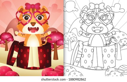 coloring book for kids with a cute tiger in the gift box themed valentine day