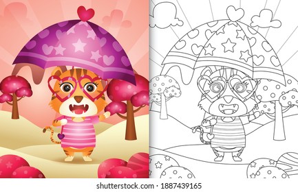 coloring book for kids with a cute tiger holding umbrella themed valentine day