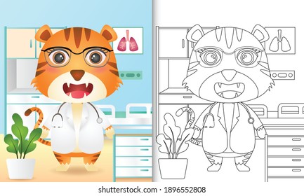 coloring book for kids with a cute tiger doctor character illustration