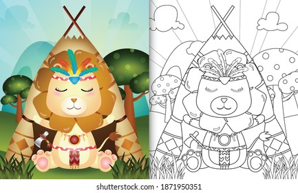 coloring book for kids with a cute tribal boho lion character illustration