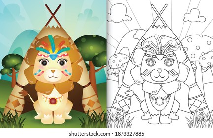 coloring book for kids with a cute tribal boho lion character illustration