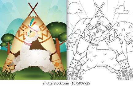 coloring book for kids with a cute tribal boho alpaca character illustration