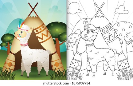 coloring book for kids with a cute tribal boho alpaca character illustration