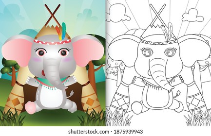 coloring book for kids with a cute tribal boho elephant character illustration