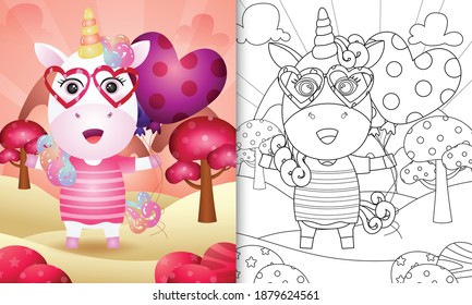 coloring book for kids with a cute unicorn holding balloon themed valentine day