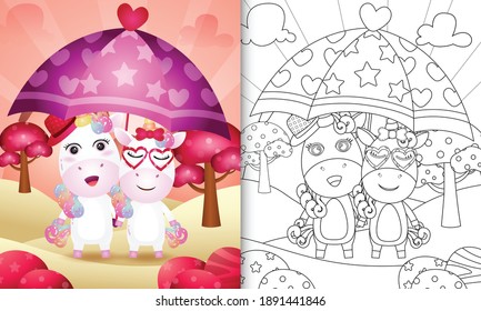 coloring book for kids with a cute unicorn couple holding umbrella themed valentine day