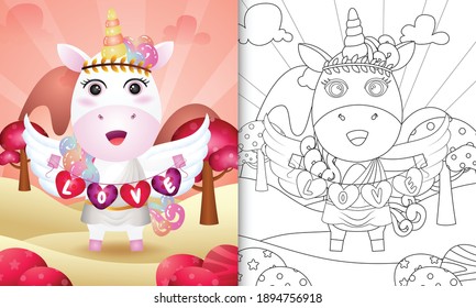 coloring book for kids with a cute unicorn angel using cupid costume holding heart shape flag