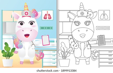 coloring book for kids with a cute unicorn nurse character illustration