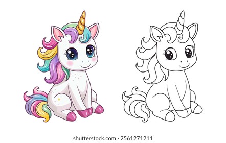 Coloring book for kids cute unicorn.  A magic pony with a horn.  A fabulous horse. A hand-drawn vector illustration.