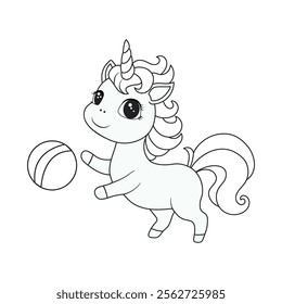 Coloring book for kids cute unicorn playing with a ball. A hand-drawn pony with a horn isolated on a white background. The magic horse. It can be used for printing, textiles, web design.